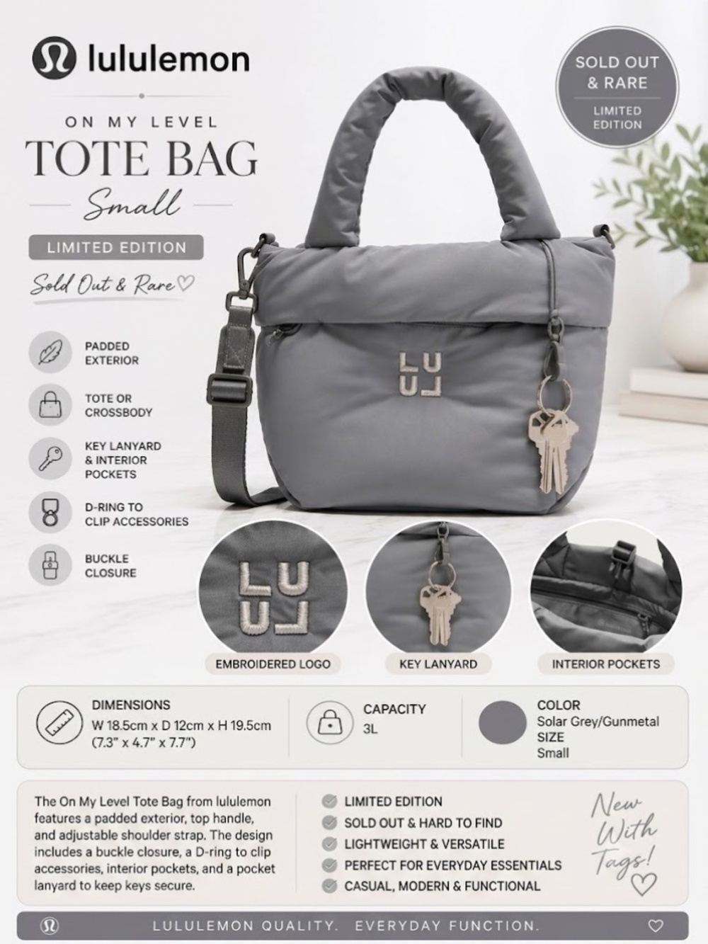 NWT Lululemon On My Level Tote Bag Small 3L Solar Grey Limited Edition Sold Out - Picture 2 of 6